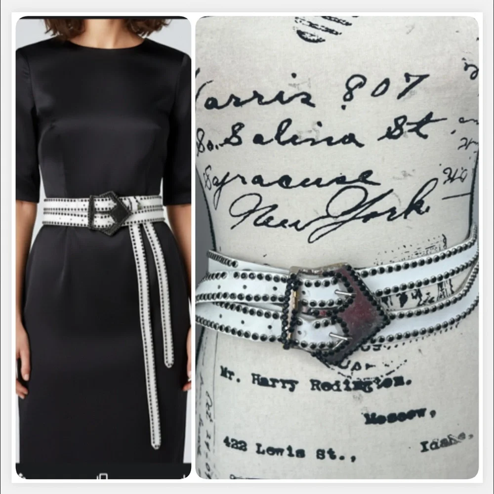Vintage Glam Metal Western‎ Rhinestone  white and black belt